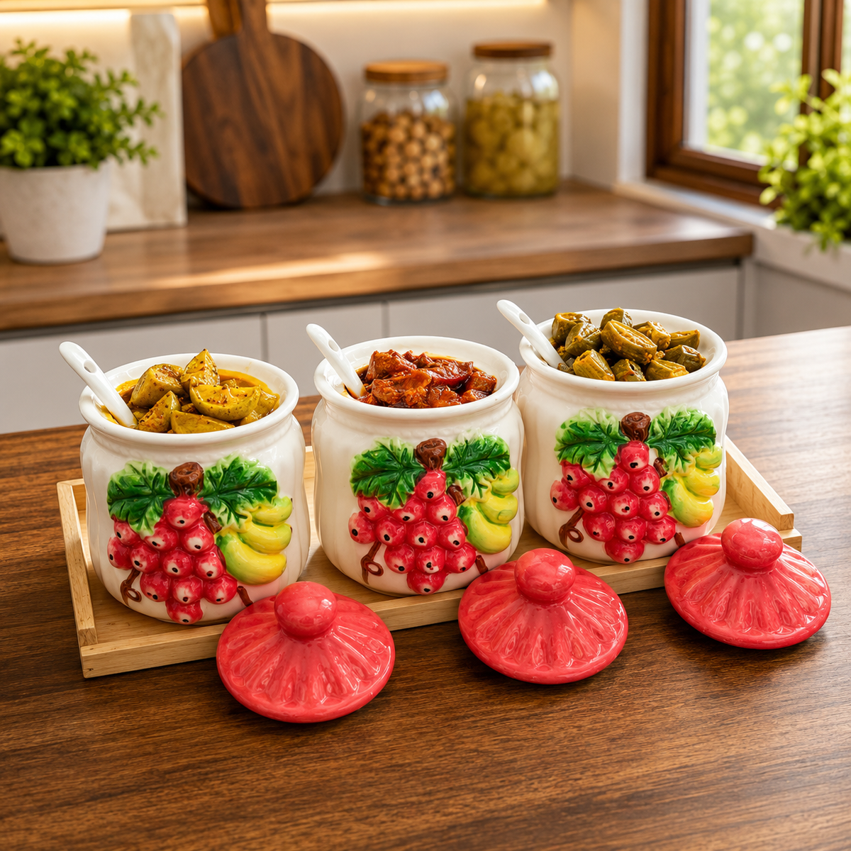 3-Piece Ceramic Pickle Jar Set with Lids, Spoons & Wooden Tray