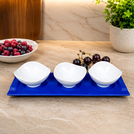 Porclien serving bowl with glass tray. Set of 3