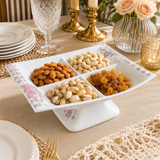 Premium 4-Partition Dry Fruit Serving Platter with Pedestal Stand | Elegant Snack & Mukhwas Server