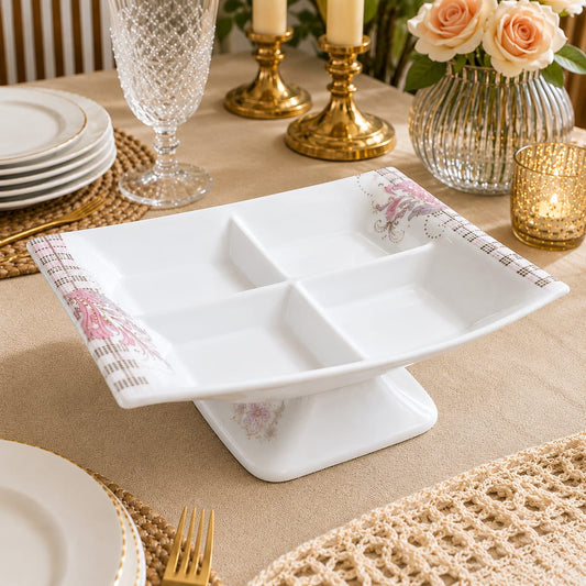 Premium 4-Partition Dry Fruit Serving Platter with Pedestal Stand | Elegant Snack & Mukhwas Server