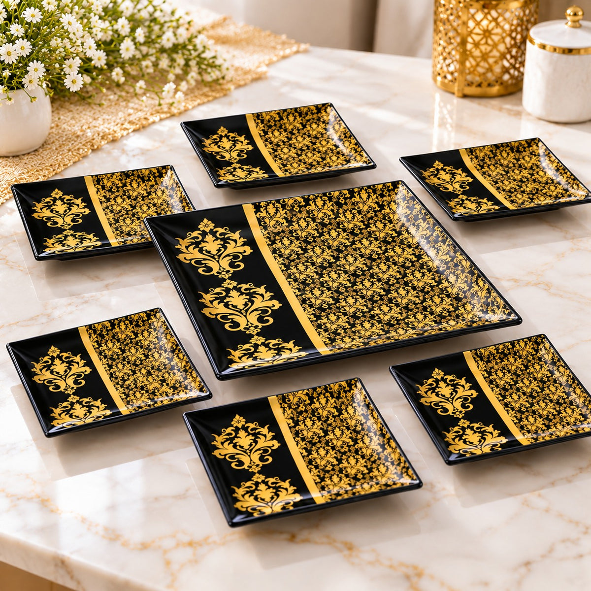 7-Piece Black & Gold Cake Serving Set – 1 Large Platter with 6 Dessert Plates