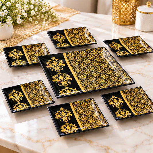 7-Piece Black & Gold Cake Serving Set – 1 Large Platter with 6 Dessert Plates