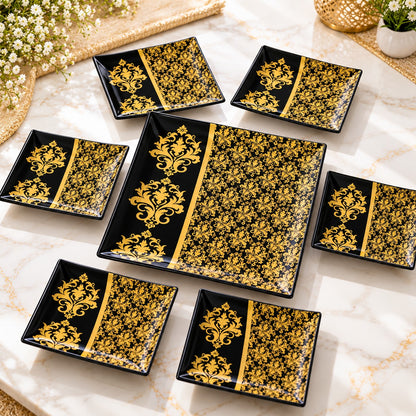 7-Piece Black & Gold Cake Serving Set – 1 Large Platter with 6 Dessert Plates