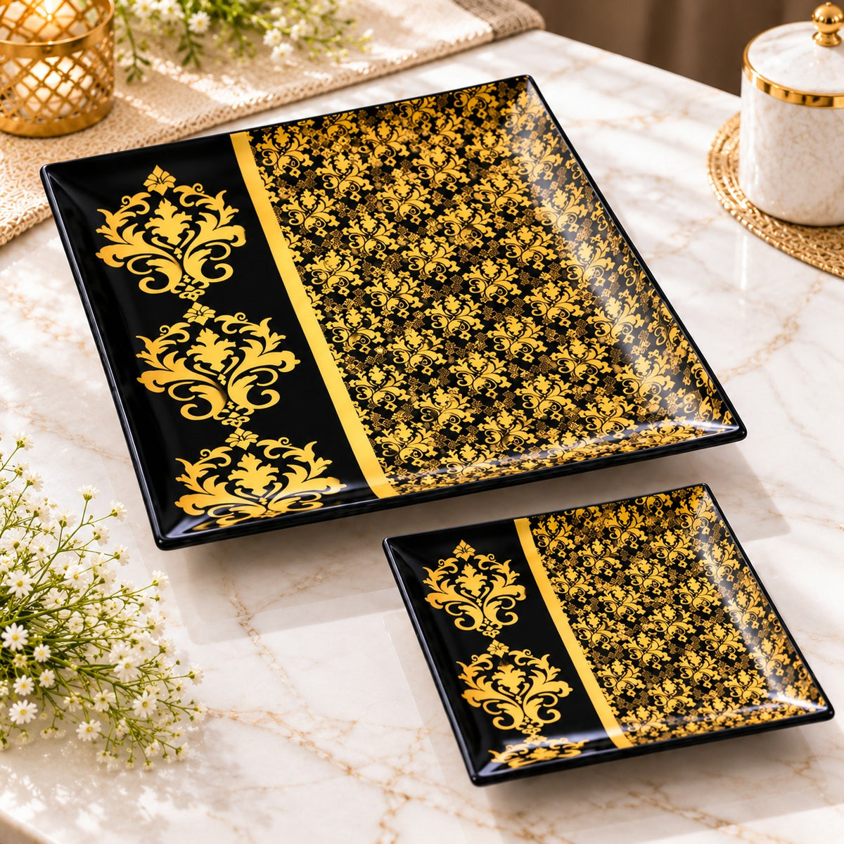 7-Piece Black & Gold Cake Serving Set – 1 Large Platter with 6 Dessert Plates