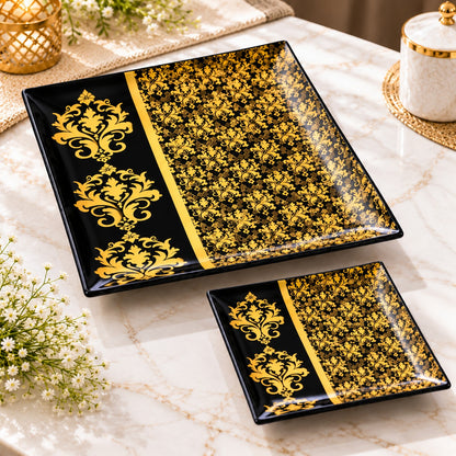 7-Piece Black & Gold Cake Serving Set – 1 Large Platter with 6 Dessert Plates