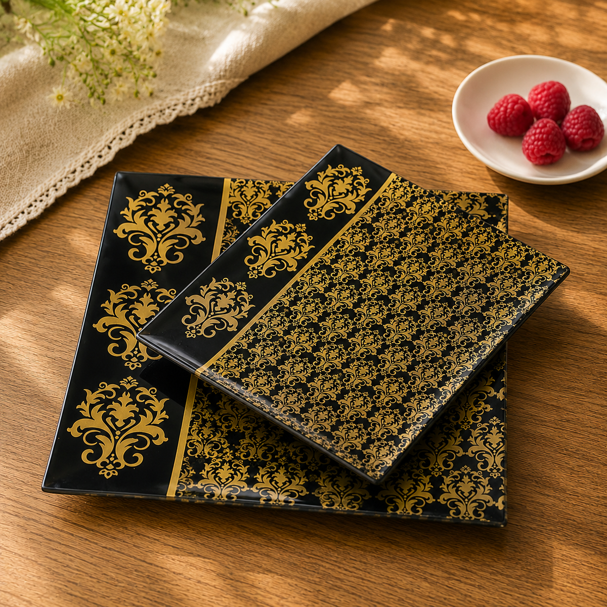 7-Piece Black & Gold Cake Serving Set – 1 Large Platter with 6 Dessert Plates