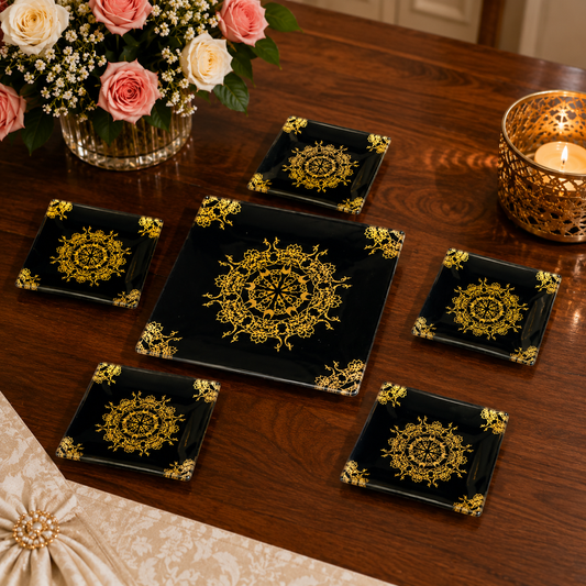 7-Piece Black & Gold Cake Serving Set – 1 Large Platter with 6 Dessert Plates