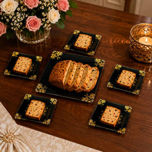 7-Piece Black & Gold Cake Serving Set – 1 Large Platter with 6 Dessert Plates