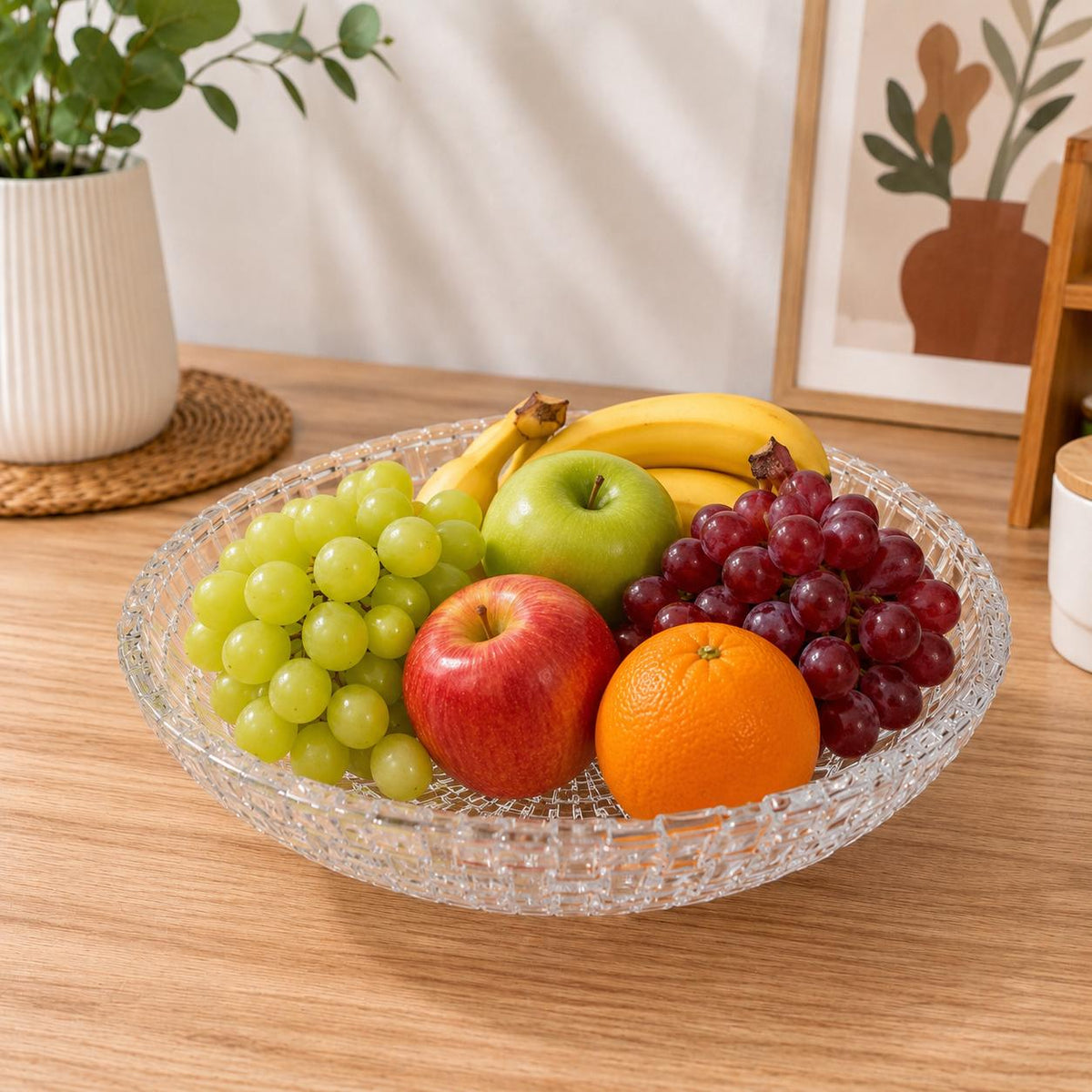 Premium Transparent Crystal-Style Fruit Serving Bowl | Elegant Round Basket-Weave Design Decorative Glass-Look Bowl