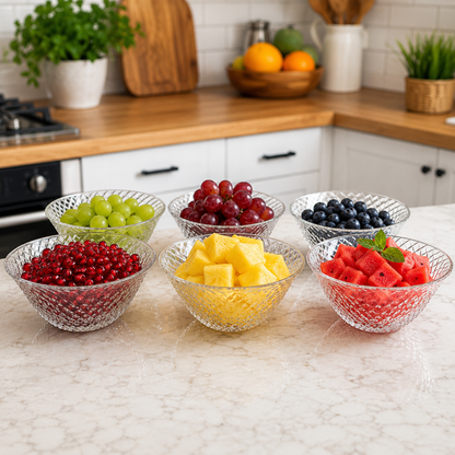 Premium Crystal-Cut Glass Fruit & Dessert Bowl Set – 7 Pcs | 1 Large Serving Bowl + 6 Small Bowls | Elegant Diamond Pattern