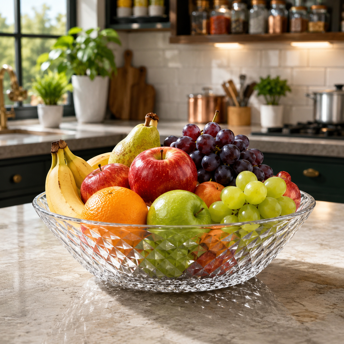 Premium Crystal-Cut Glass Fruit & Dessert Bowl Set – 7 Pcs | 1 Large Serving Bowl + 6 Small Bowls | Elegant Diamond Pattern