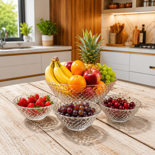Premium Crystal-Cut Glass Fruit & Dessert Bowl Set – 7 Pcs | 1 Large Serving Bowl + 6 Small Bowls | Elegant Diamond Pattern