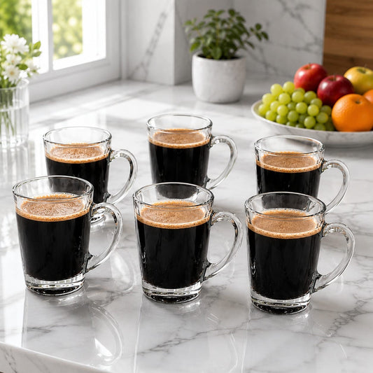 6-Piece Premium Clear Glass Coffee Cup Set with Handle