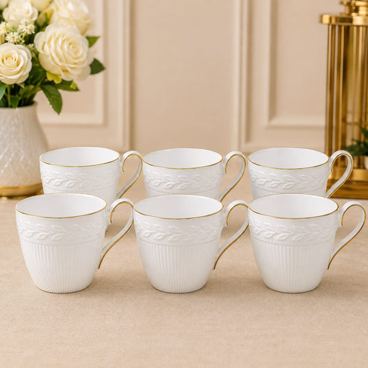 6-Piece Premium White Tea & Coffee Mug Set with Gold Rim