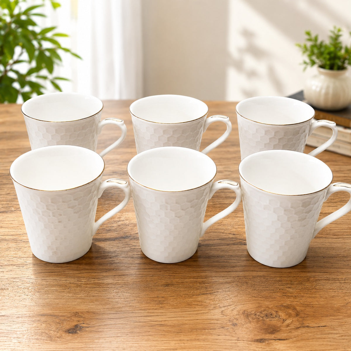 6-Piece Premium White Ceramic Coffee Mug Set with Textured Design