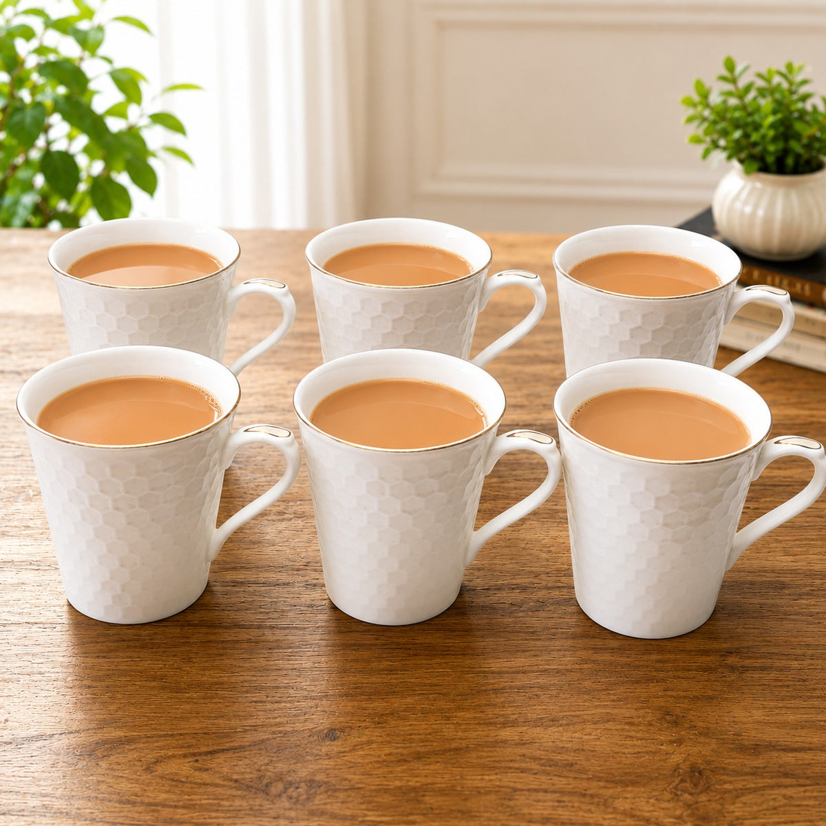 6-Piece Premium White Ceramic Coffee Mug Set with Textured Design