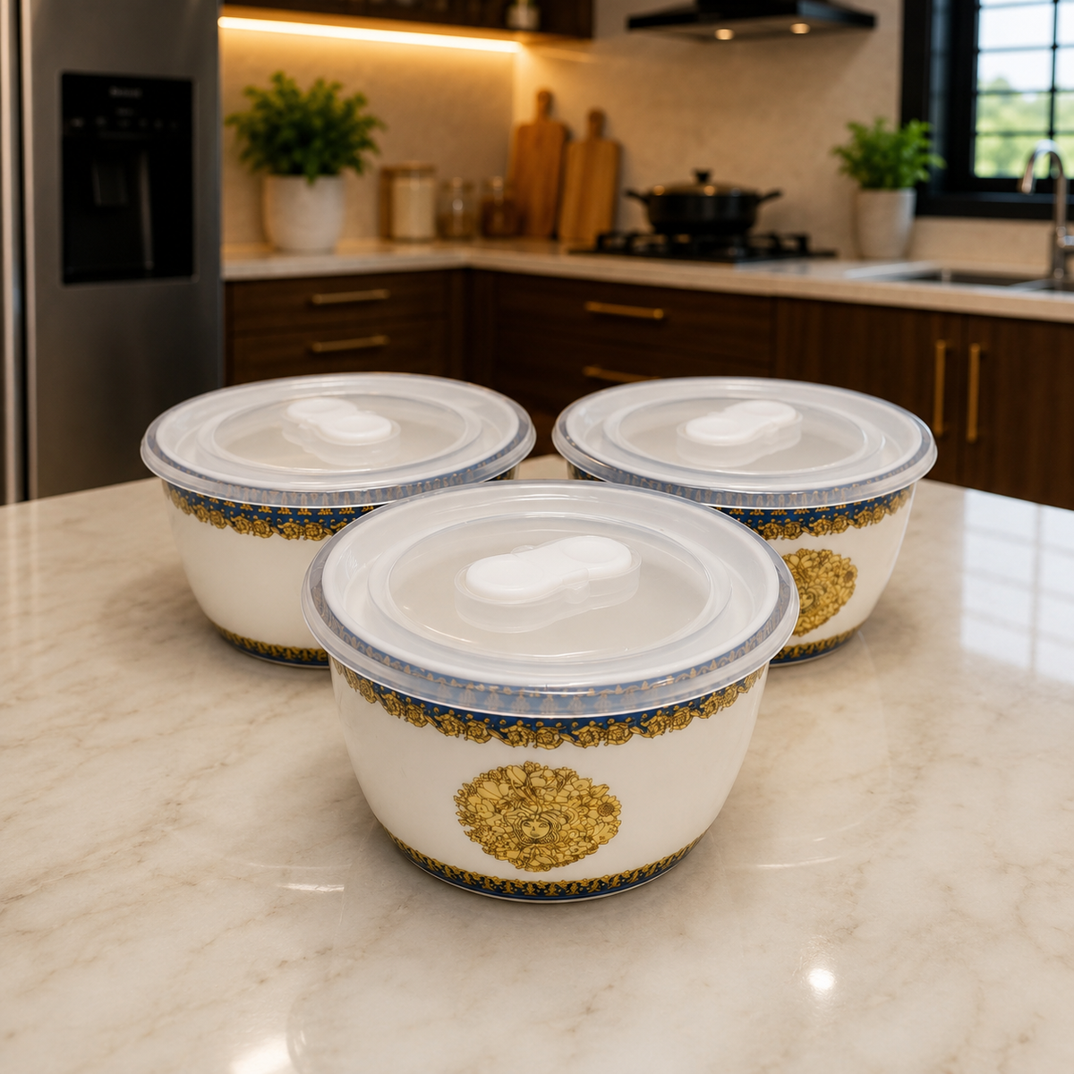 Premium Royal Blue & Gold Designer Storage Container Set with Lids – Set of 3 | Luxury Kitchen Storage Bowls