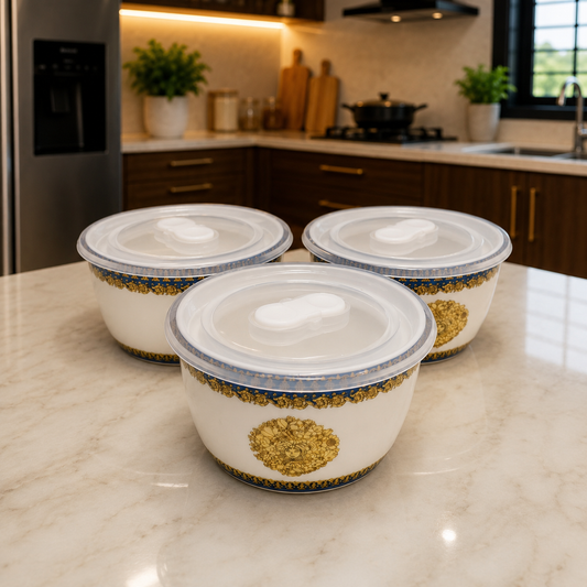 Porcelain Bowl with airtight Lid (Set of 3pcs)