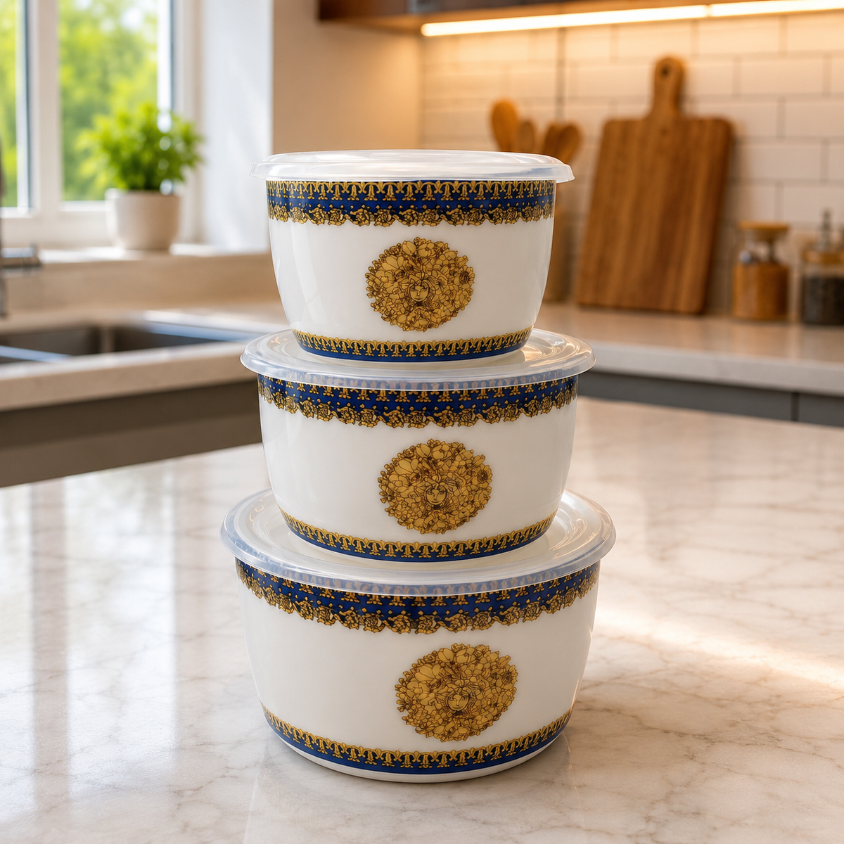 Premium Royal Blue & Gold Designer Storage Container Set with Lids – Set of 3 | Luxury Kitchen Storage Bowls