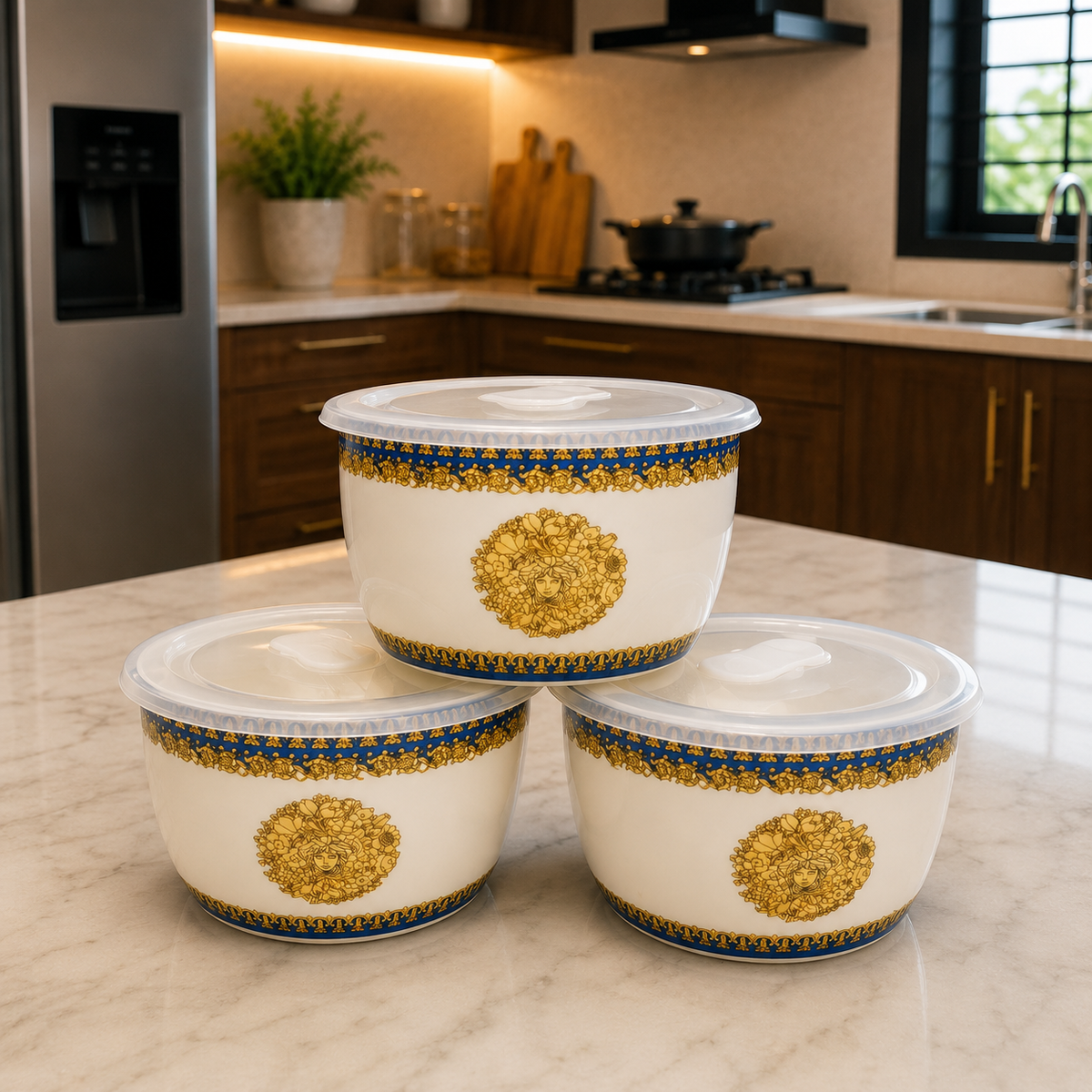 Premium Royal Blue & Gold Designer Storage Container Set with Lids – Set of 3 | Luxury Kitchen Storage Bowls