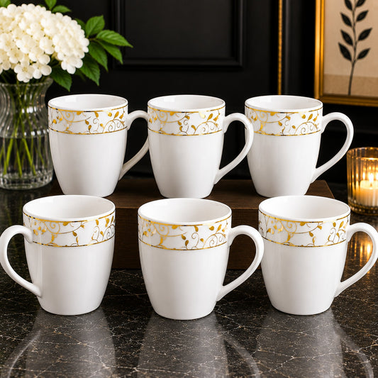 Premium 6 Pc White Coffee Mug Set with Golden Floral Design | Elegant Tea & Coffee Cups