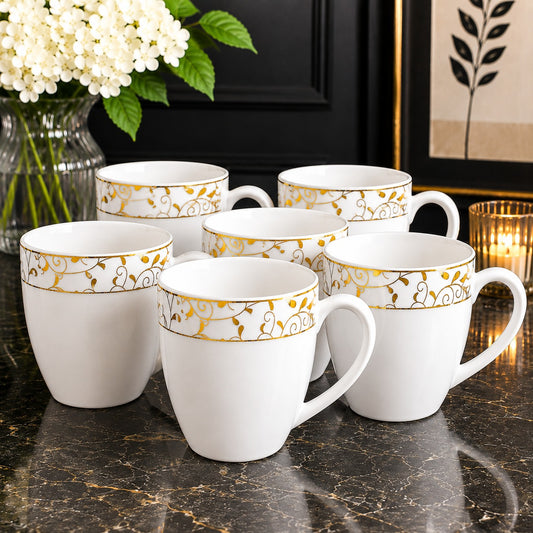 Premium 6 Pc White Coffee Mug Set with Golden Floral Design | Elegant Tea & Coffee Cups