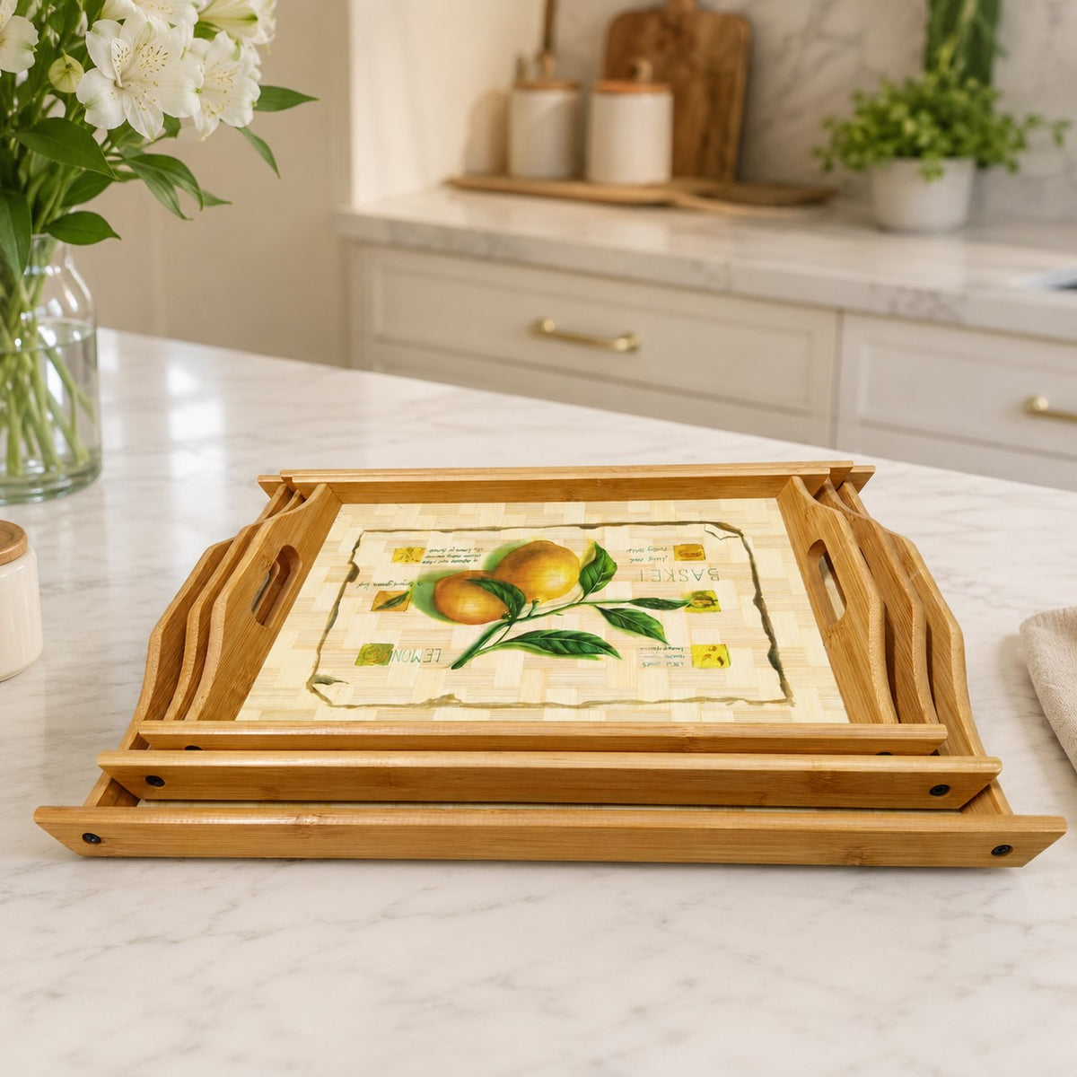 Premium Bamboo Wooden Serving Tray Set – 3 Pcs | Natural Wood Finish with Lemon Print | Rectangular Breakfast & Tea Trays with Handles