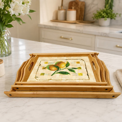 Premium Bamboo Wooden Serving Tray Set – 3 Pcs | Natural Wood Finish with Lemon Print | Rectangular Breakfast & Tea Trays with Handles