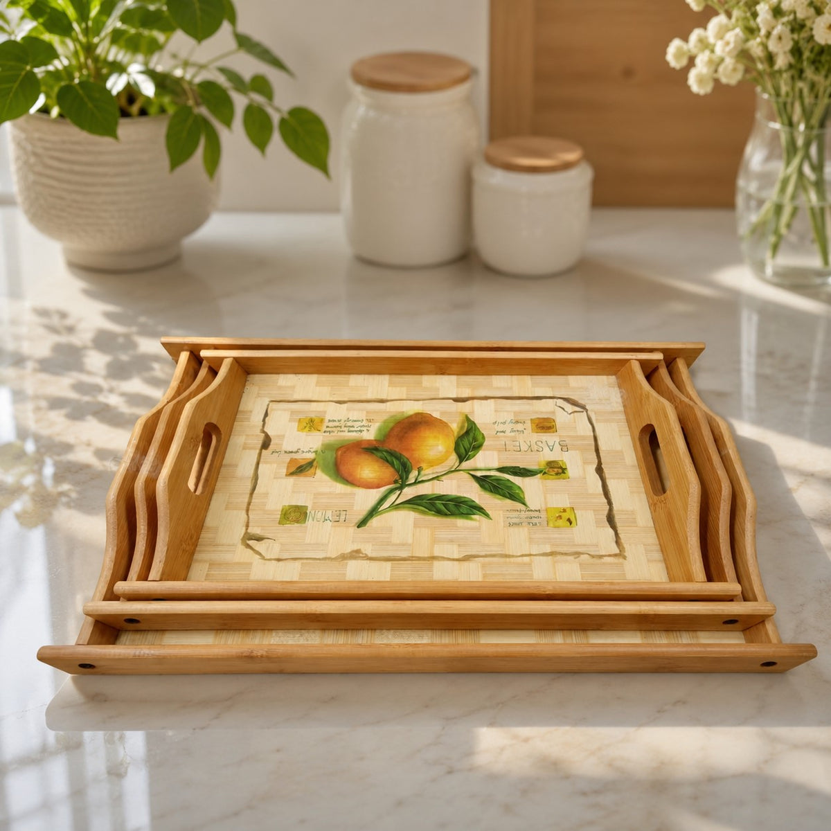 Premium Bamboo Wooden Serving Tray Set – 3 Pcs | Natural Wood Finish with Lemon Print | Rectangular Breakfast & Tea Trays with Handles