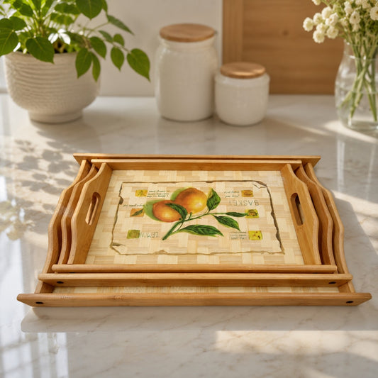 Premium Bamboo Wooden Serving Tray Set – 3 Pcs | Natural Wood Finish with Lemon Print | Rectangular Breakfast & Tea Trays with Handles