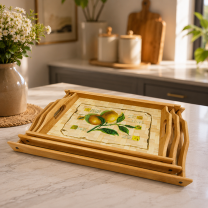 Premium Bamboo Wooden Serving Tray Set – 3 Pcs | Natural Wood Finish with Lemon Print | Rectangular Breakfast & Tea Trays with Handles
