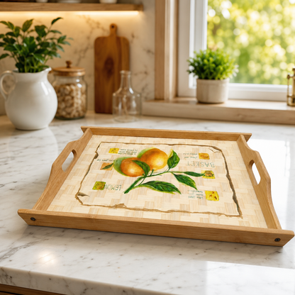 Premium Bamboo Wooden Serving Tray Set – 3 Pcs | Natural Wood Finish with Lemon Print | Rectangular Breakfast & Tea Trays with Handles