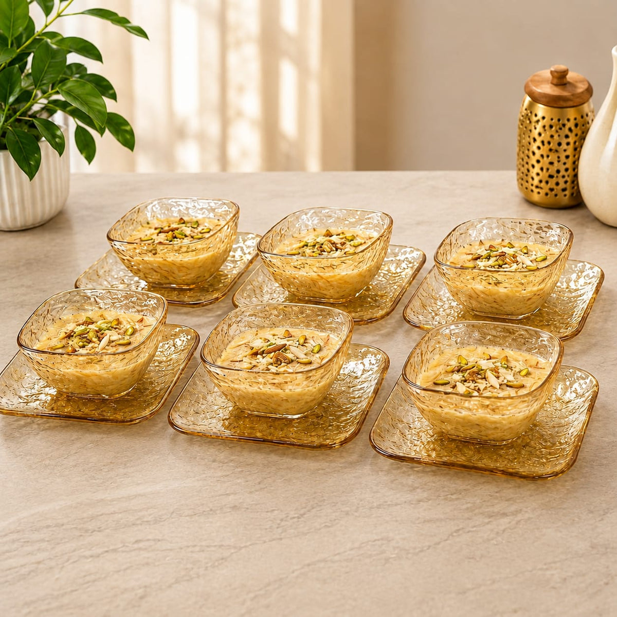 Amber Dessert Bowl with Plate Set of 6 | 12-Piece Textured Serving Set