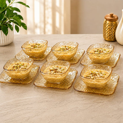 Amber Dessert Bowl with Plate Set of 6 | 12-Piece Textured Serving Set