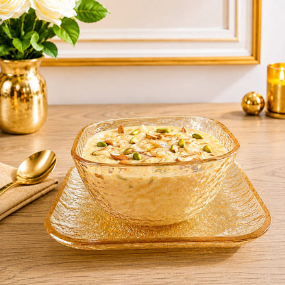 Amber Dessert Bowl with Plate Set of 6 | 12-Piece Textured Serving Set