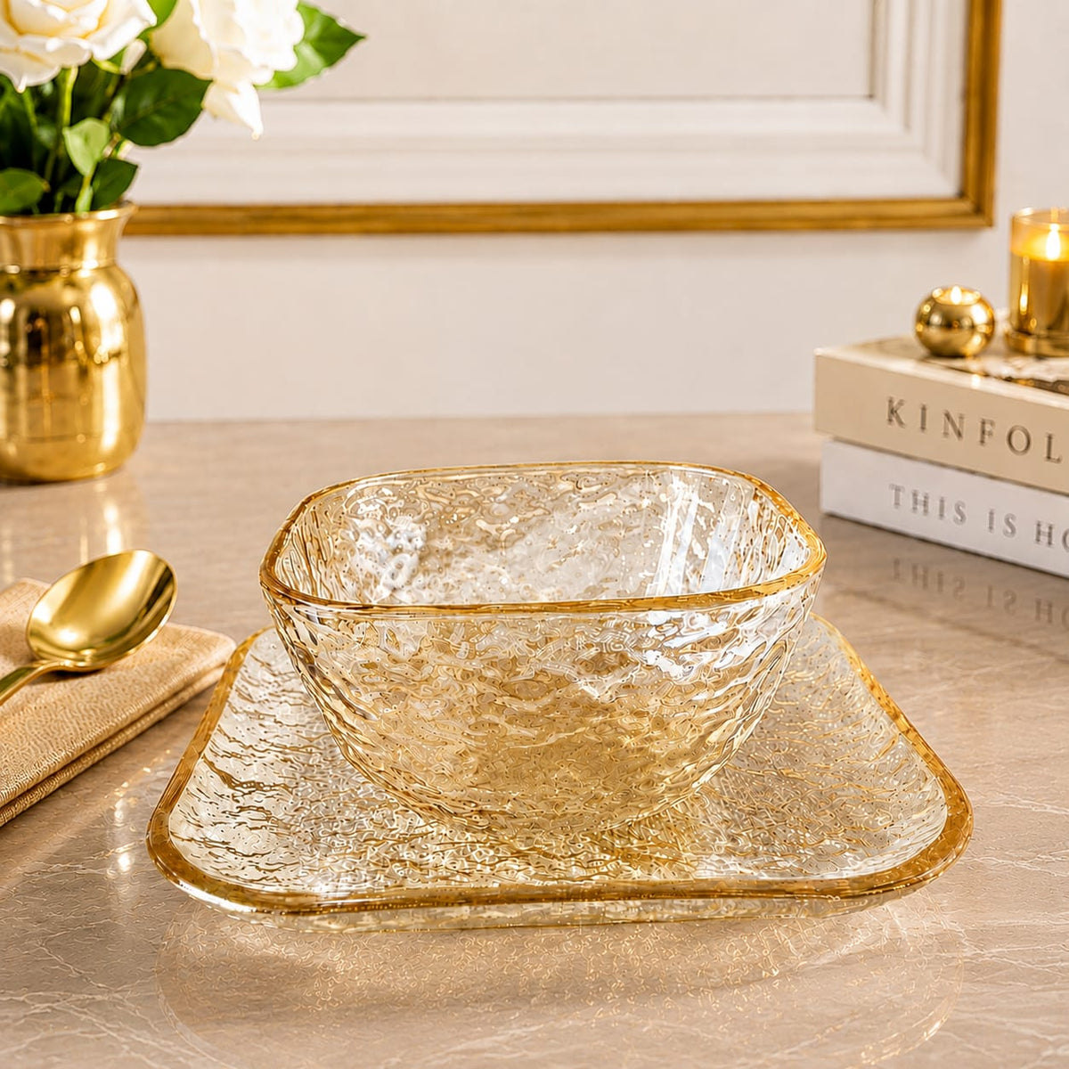 Amber Dessert Bowl with Plate Set of 6 | 12-Piece Textured Serving Set