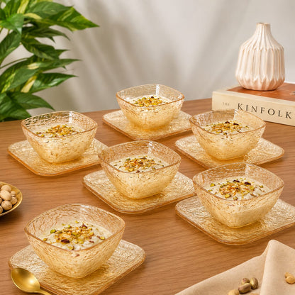 Amber Dessert Bowl with Plate Set of 6 | 12-Piece Textured Serving Set