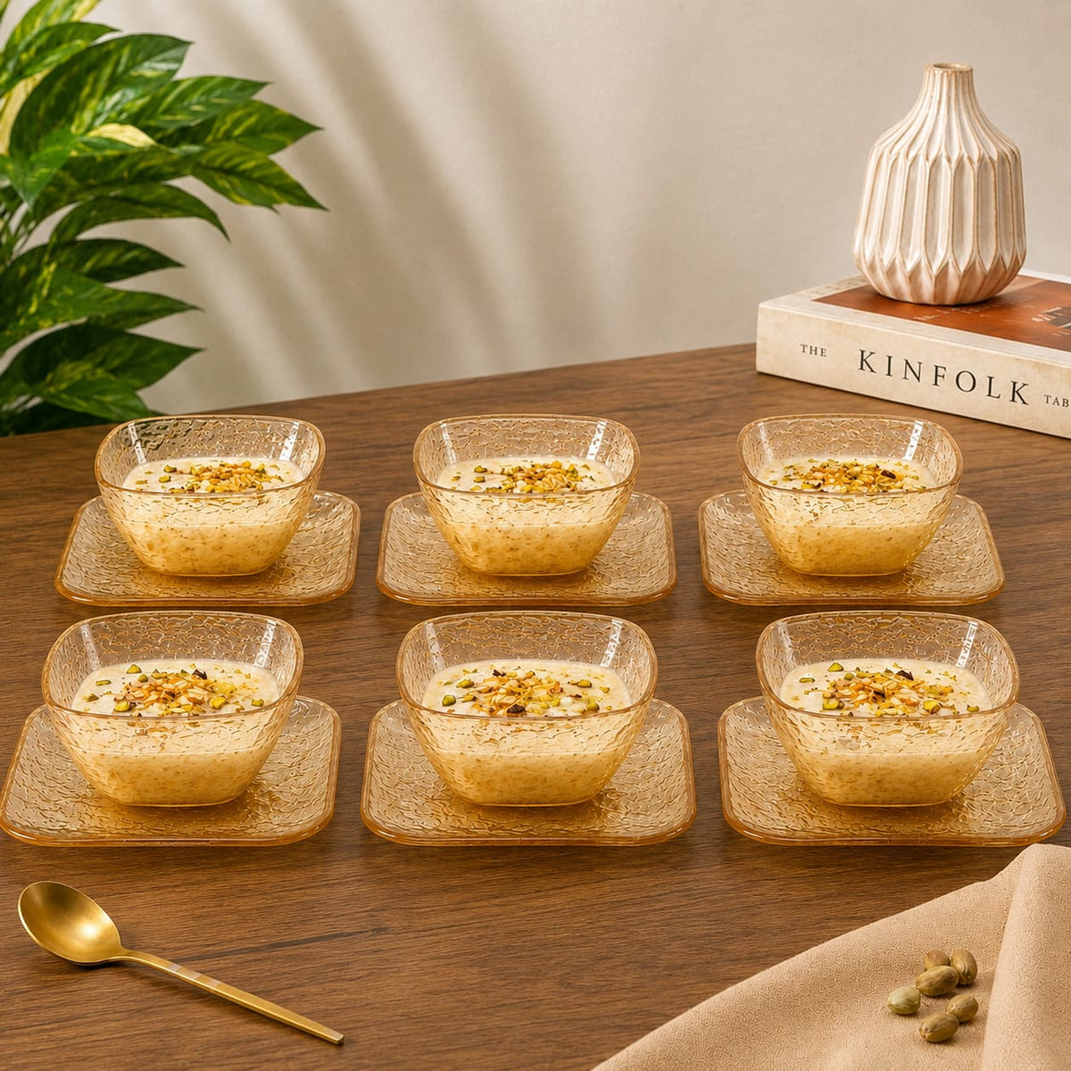 Amber Dessert Bowl with Plate Set of 6 | 12-Piece Textured Serving Set