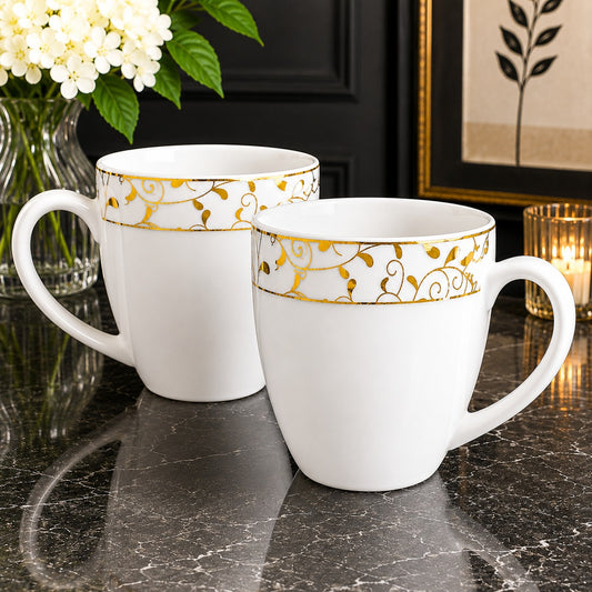 Premium 6 Pc White Coffee Mug Set with Golden Floral Design | Elegant Tea & Coffee Cups