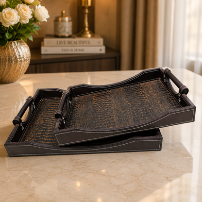 Premium Luxury Brown Leatherette Serving Tray Set – 2 Pcs | Crocodile Texture Designer Trays with Wooden-Style Handles