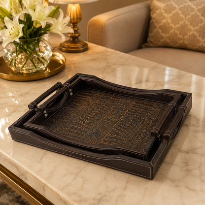 Premium Luxury Brown Leatherette Serving Tray Set – 2 Pcs | Crocodile Texture Designer Trays with Wooden-Style Handles