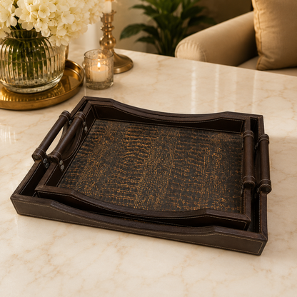 Premium Luxury Brown Leatherette Serving Tray Set – 2 Pcs | Crocodile Texture Designer Trays with Wooden-Style Handles