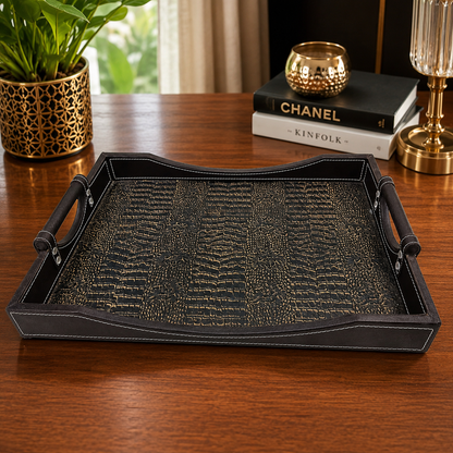 Premium Luxury Brown Leatherette Serving Tray Set – 2 Pcs | Crocodile Texture Designer Trays with Wooden-Style Handles