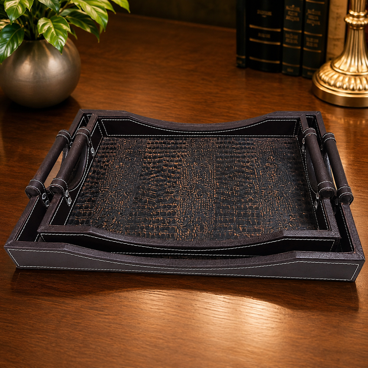 Premium Luxury Brown Leatherette Serving Tray Set – 2 Pcs | Crocodile Texture Designer Trays with Wooden-Style Handles
