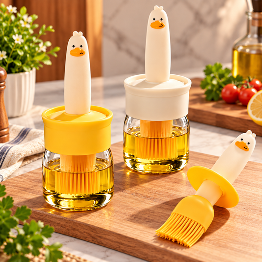 Cute Duck Design Glass Oil Dispenser Bottle with Silicone Basting Brush – Multipurpose Cooking Oil Brush & Container for Kitchen