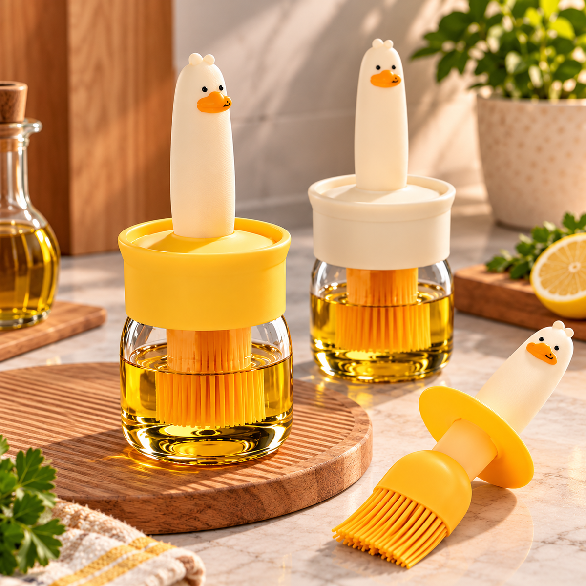 Cute Duck Design Glass Oil Dispenser Bottle with Silicone Basting Brush – Multipurpose Cooking Oil Brush & Container for Kitchen