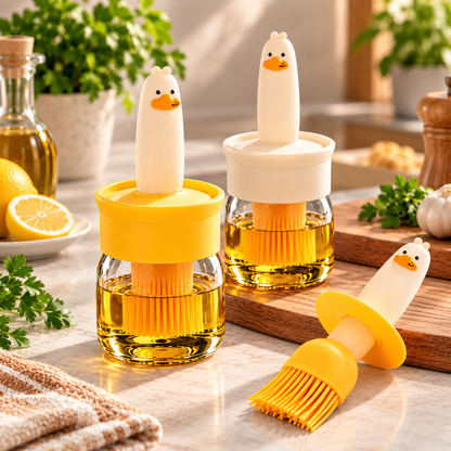 Cute Duck Design Glass Oil Dispenser Bottle with Silicone Basting Brush – Multipurpose Cooking Oil Brush & Container for Kitchen
