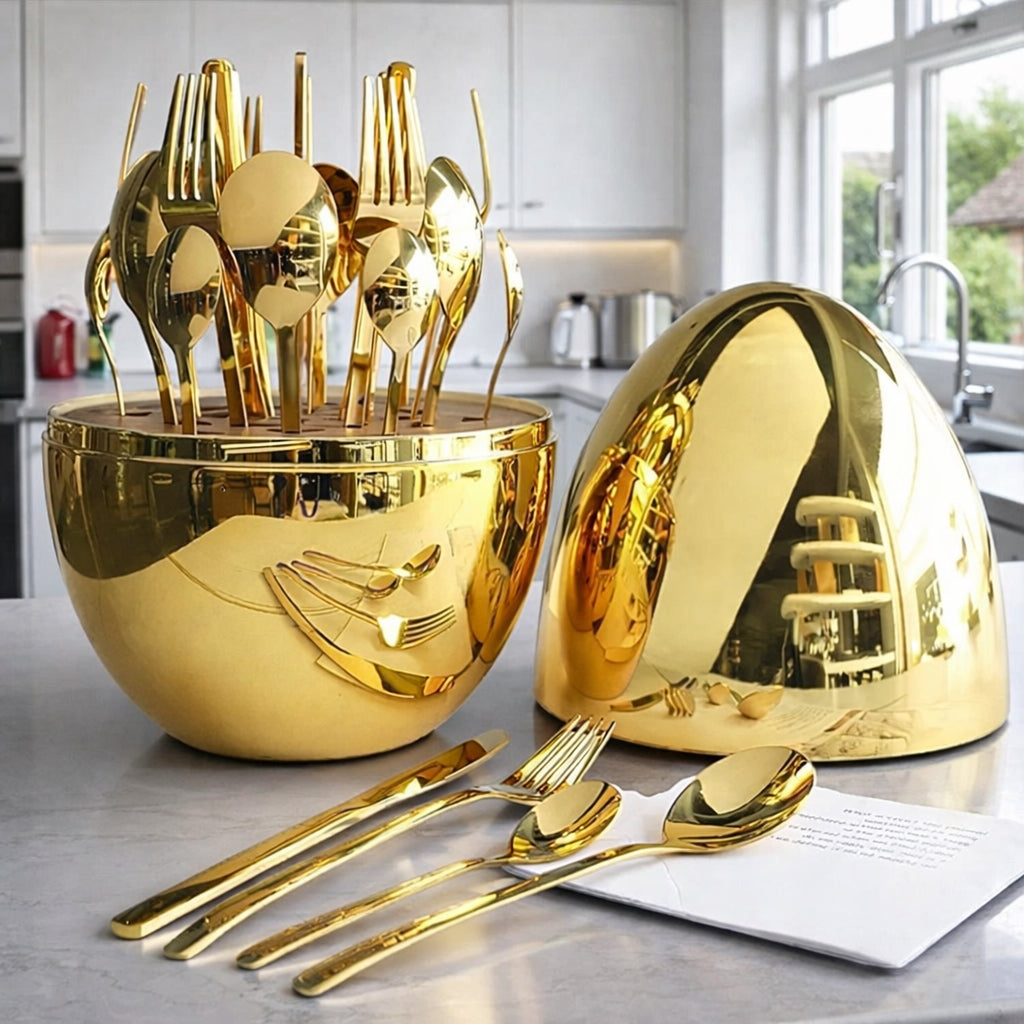 Luxury Gold Egg Cutlery Set with Egg-Shaped Holder – 24-Piece Stainless Steel Mirror Finish Flatware Set for Kitchen, Dining Table & Gift Giving (Pack of 1)