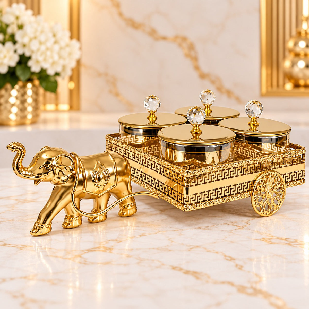 Luxury Golden Elephant Cart Dry Fruit & Serving Jar Set – 4 Jars with Crystal Knob Lids