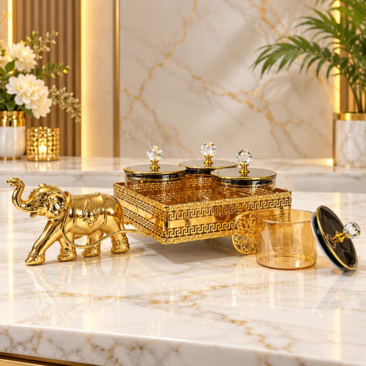 Luxury Golden Elephant Cart Dry Fruit & Serving Jar Set – 4 Jars with Crystal Knob Lids
